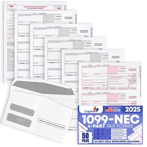 Kit de formularios fiscales Dutymark 1099-NEC 2025 de 4 partes, paquete de 50