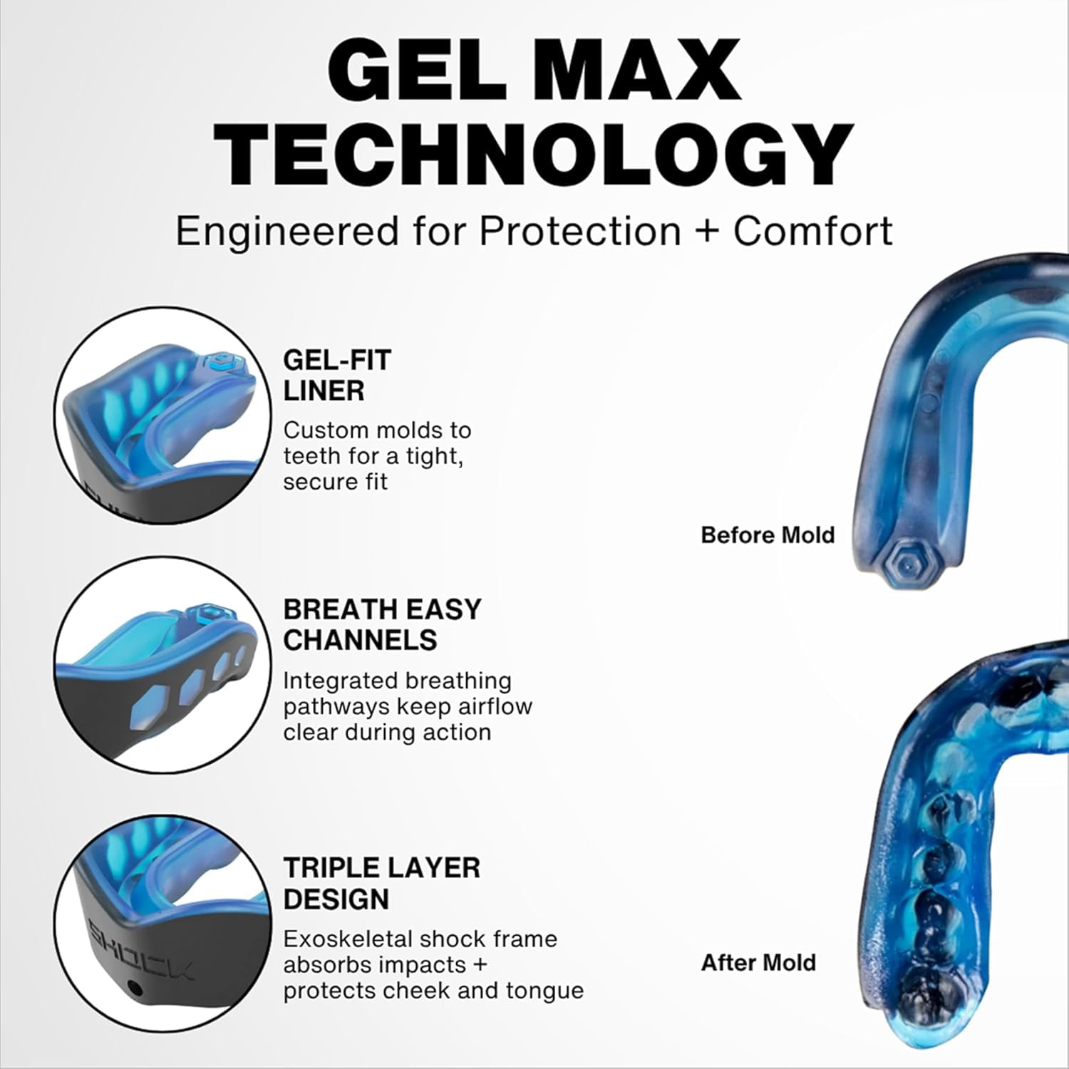 Mouth Guard Sports, Hockey, Lacrosse, Baseball, Wrestling Moutguard, Gel Max Heavy Duty Protection & Custom Fit, Football Mouth Guard with Strap, Adult & Youth Mouthguard