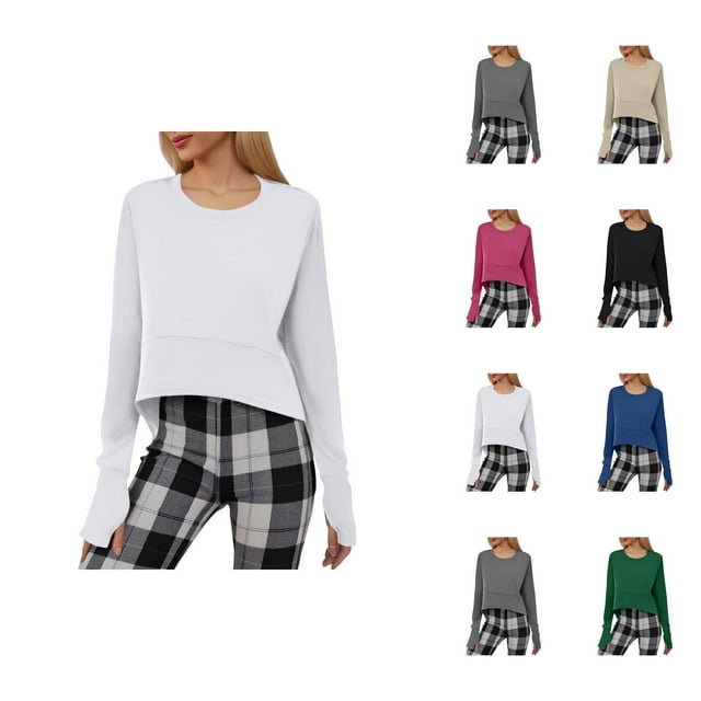 Chemises d'Automne pour Femmes 2025 Couleur Unie Col Rond Ample Course Entraînement Physique Hauts Courts Blouse Manches Longues pour Femmes
