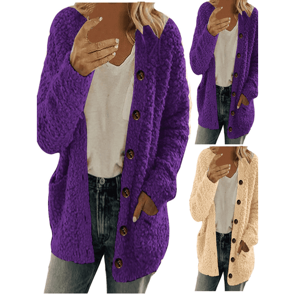 FEIIBMOYRIA Women Cardigans Women Side Pockets Soft Fleece Solid Color Long Sleeve Cardigans Loose Open Front Button Placket Casual Daily Lounge Outing Warm Outerwear