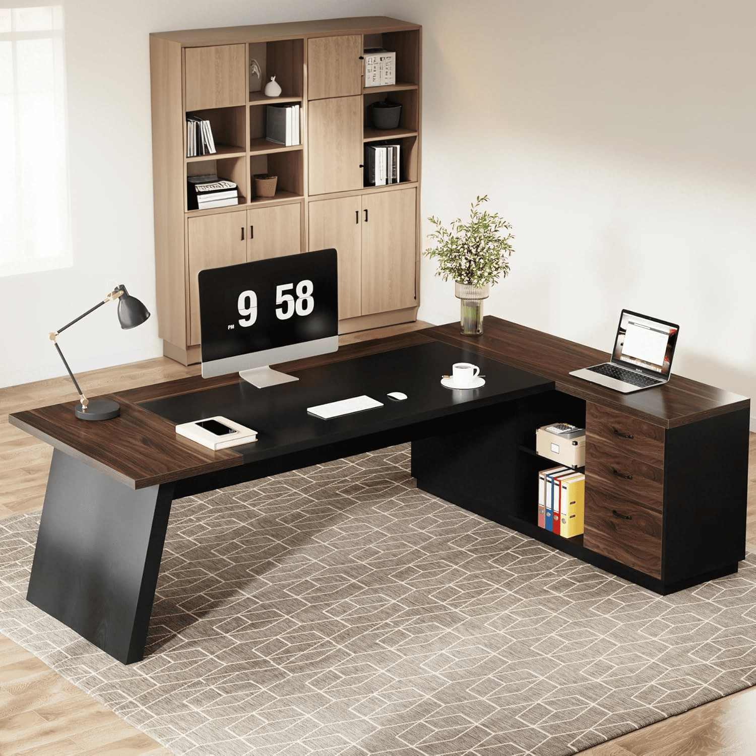 Tribesigns L-Shaped Executive Desk, 78" Modern Office Desk with Drawers and Lateral File Cabinet, Workstation for Home Office (Walnut + Black)
