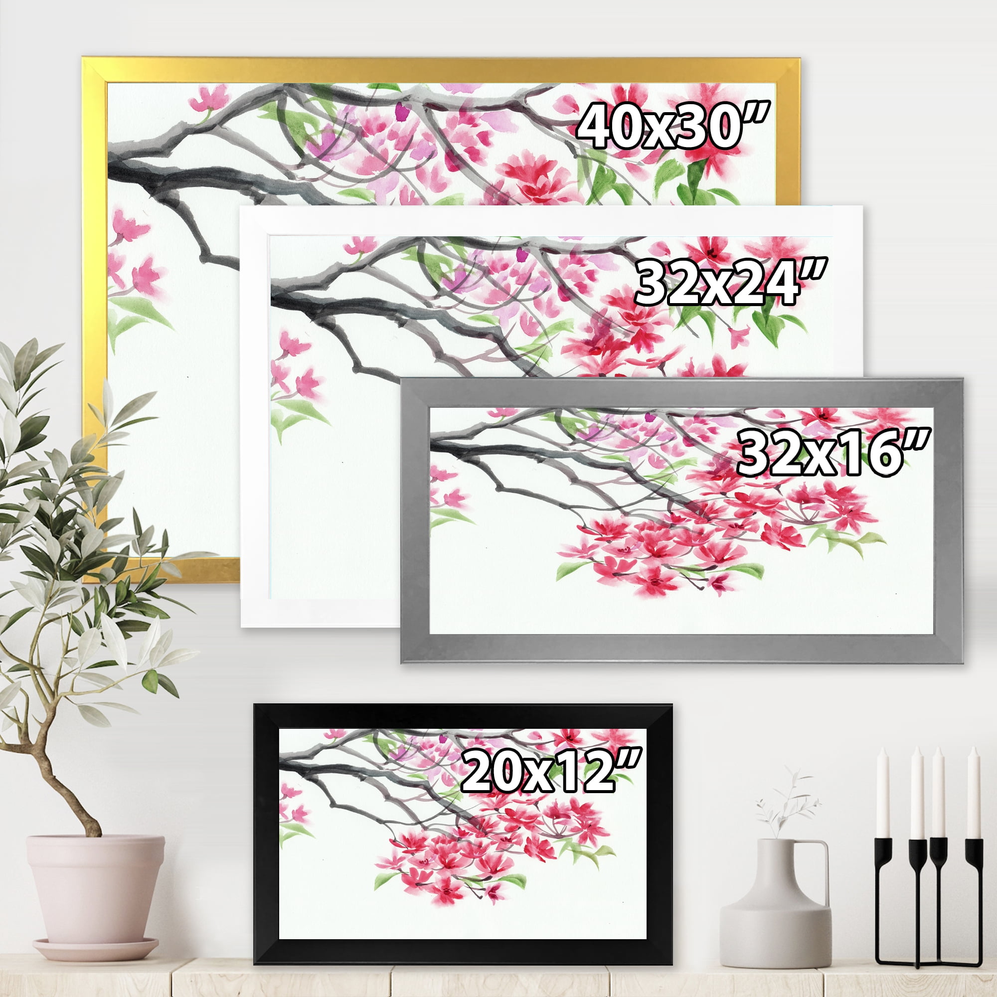 Designart 'Red Blossoming Tree On White' Traditional Framed Art Print