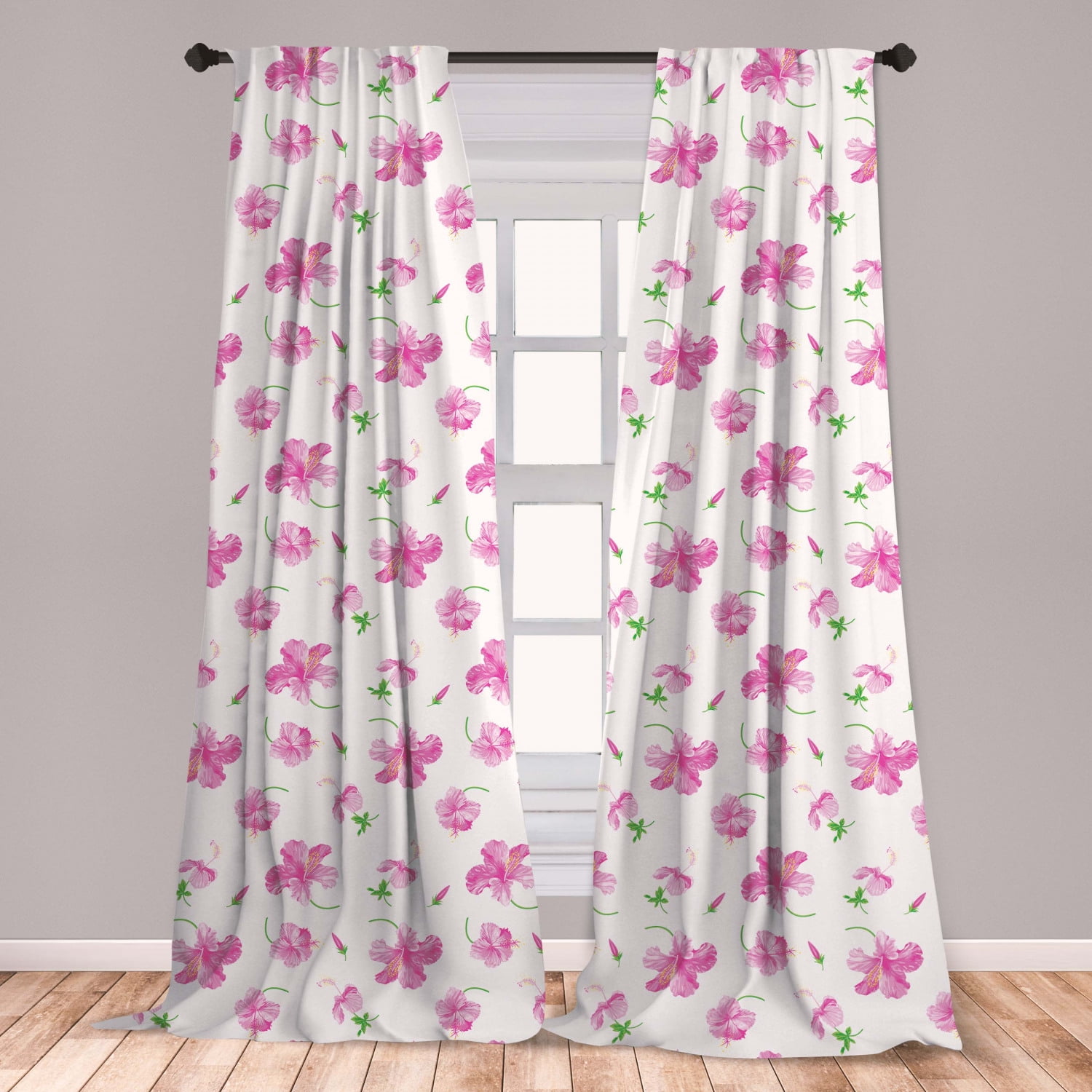 Flower Curtains 2 Panels Set, Hibiscus Bloom Flowers on a Plain