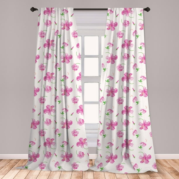 Flower Curtains 2 Panels Set, Hibiscus Bloom Flowers on a Plain
