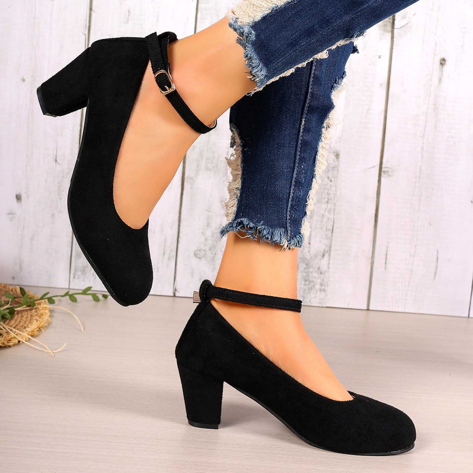 Miluxas Heels for Women Clearance Women's High Heel Closed Toe Chunky Wedding Pumps Shoes Black