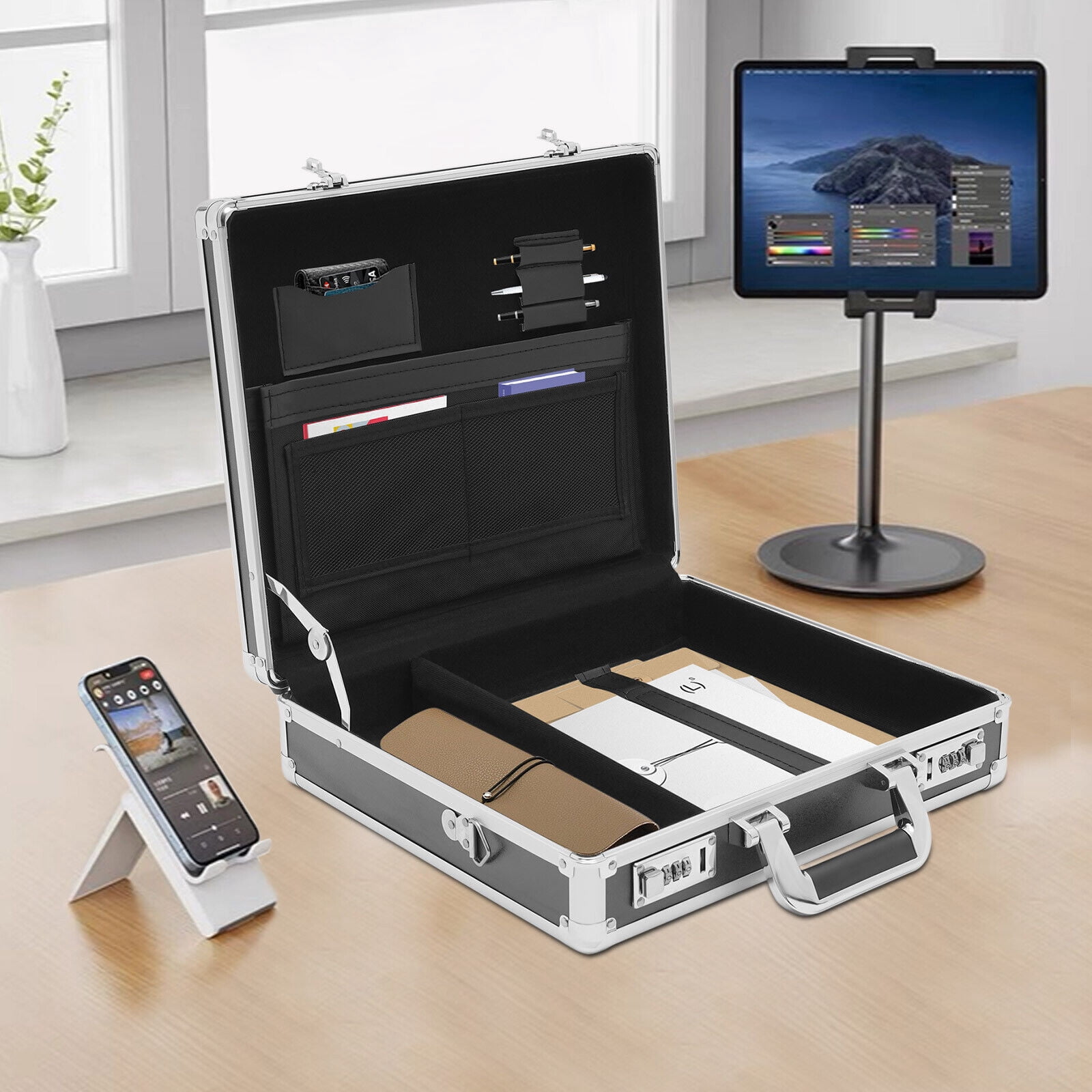 Lockable Briefcase Aluminum Hardside Attache Briefcase Portable Hard Top Attache Case with Combination Lock for Men Women