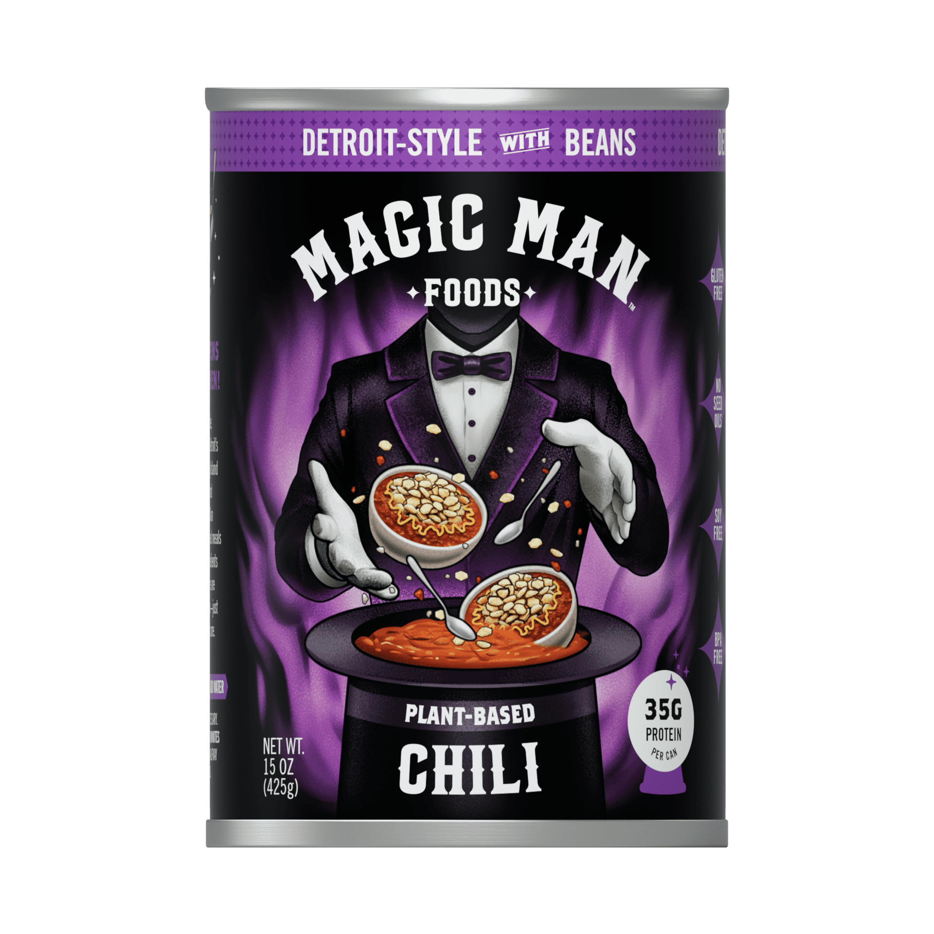 (2 pack) Magic Man Chili  – Plant‑Based Detroit Style with Beans Chili, 15 oz Can , Vegan, Gluten free, Soy free, Seed Oil free