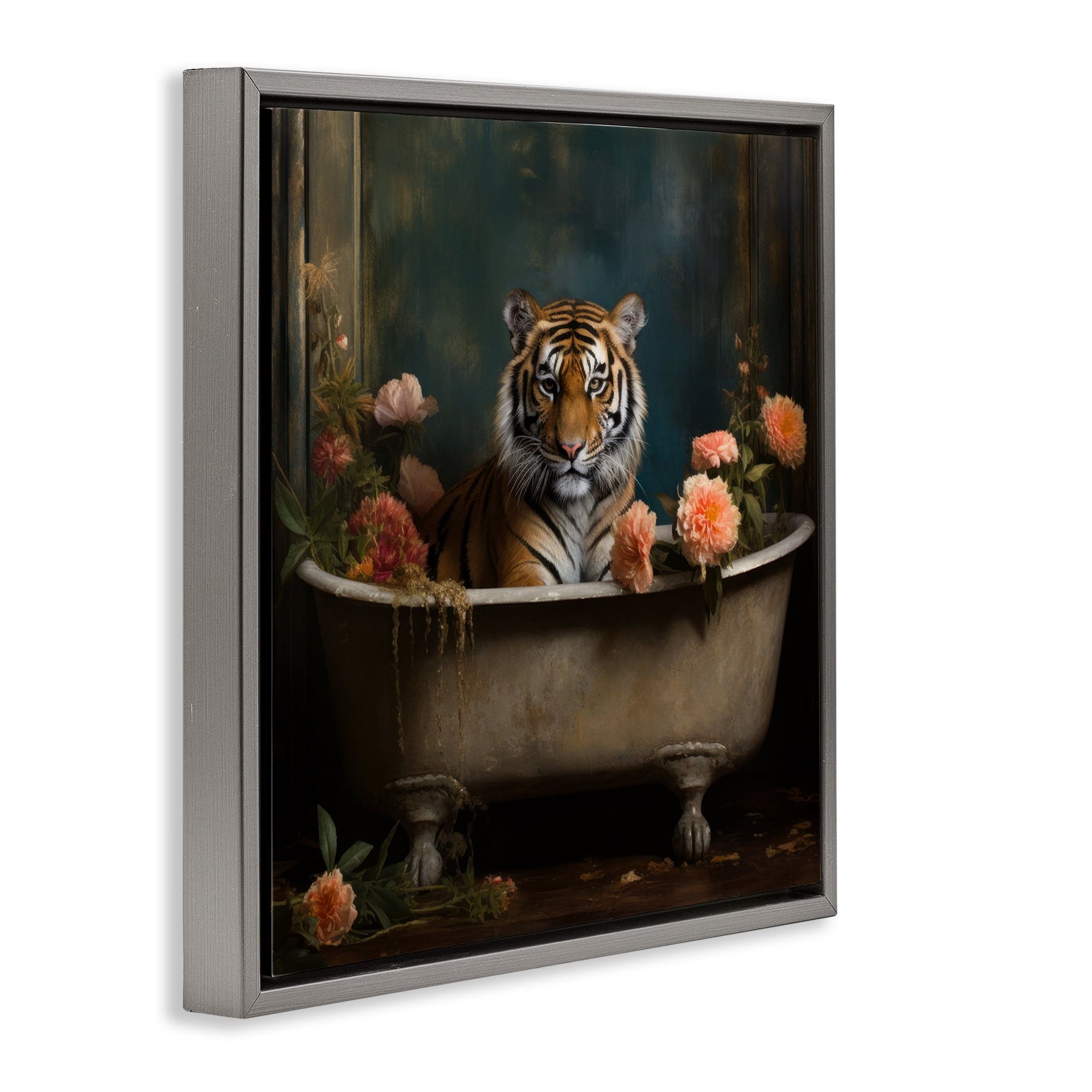 Tiger in Floral Bathtub Gray Floating Frame Canvas Art, 18 x 18