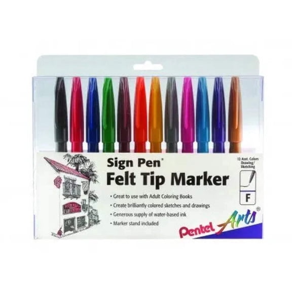 Pentel Arts Sign Pen Fiber-Tipped Pen, Assorted Ink 12-Pk Box