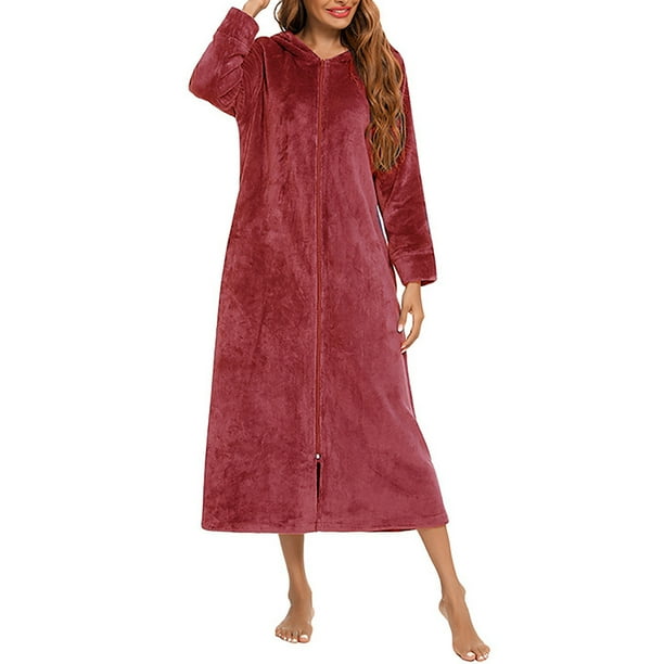 Camisón de franela de invierno de manga larga y color liso para mujer, cárdigan con capucha y cremallera.