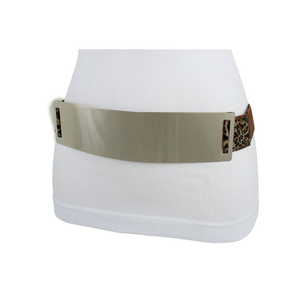 Women Lopard Brown Elastic Gold Metal Plate Belt S M
