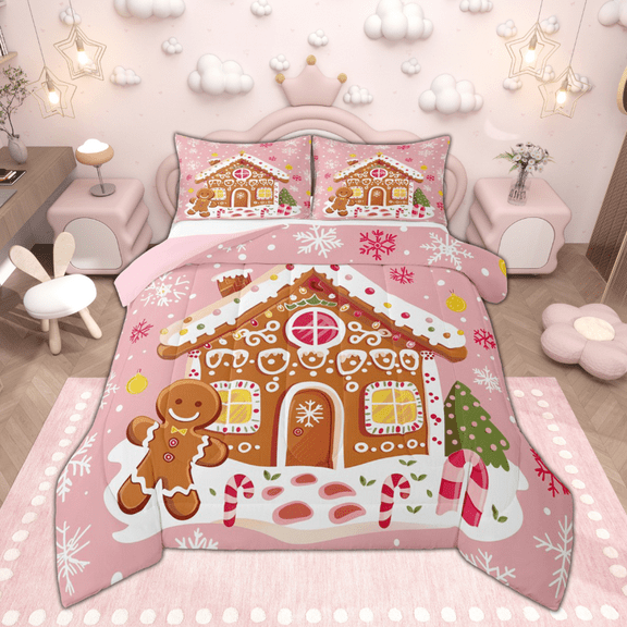 Manfei Kawaii Gingerbread House Bedding Comforter Set, Pink Xmas Tree Twin Comforter Sets for Girls, Merry Christmas Bedding Set, Microfiber Bedroom Decor, Reversible 2pcs