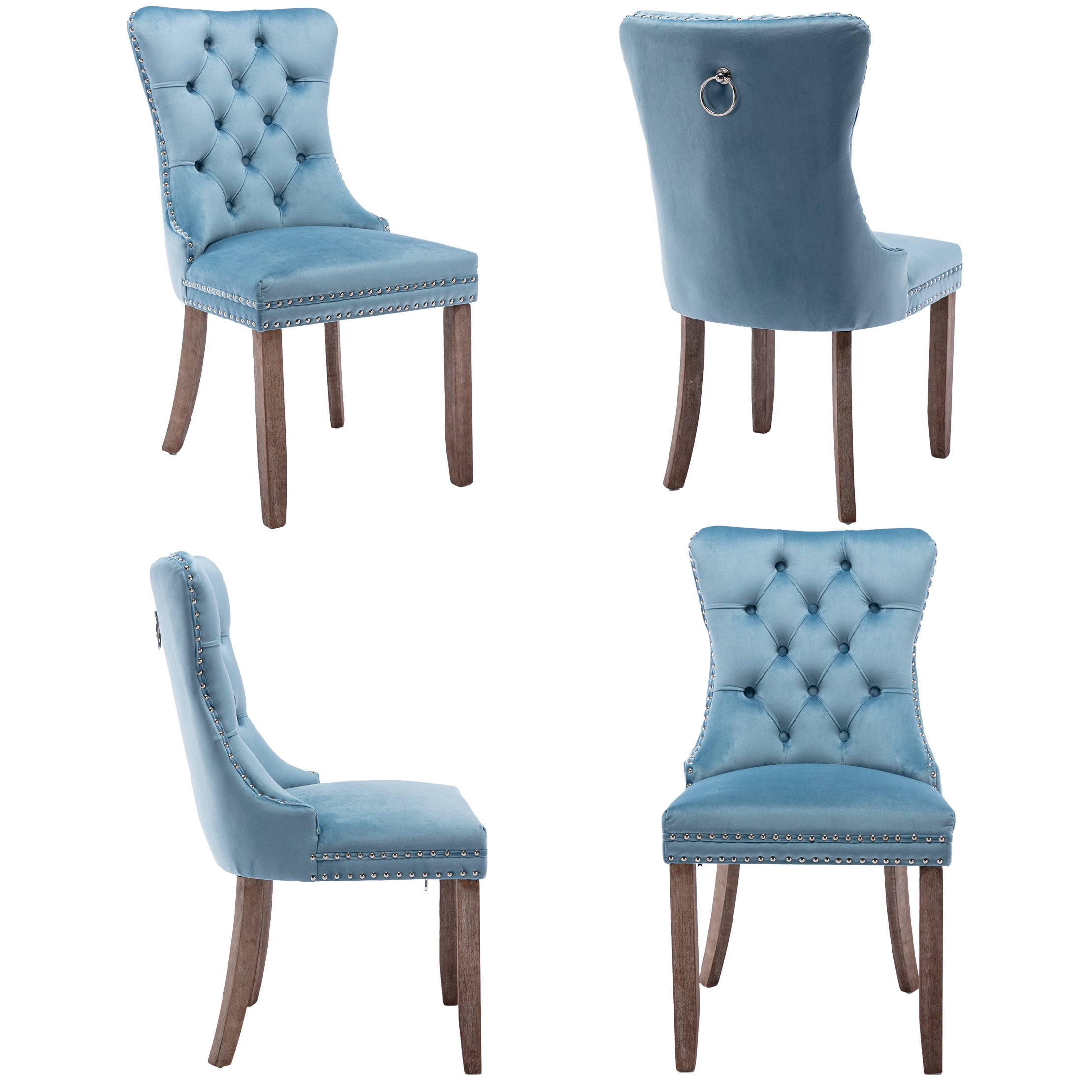 PORKISS Dining Chairs Set of 4, Upholstered High-End Tufted Dining Room Chair with Back Ring and Nailhead Trim, Modern Velvet Chairs with Solid Wood Legs for Kitchen,Light Blue