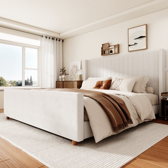 King Size Bed Frame, Upholstered Platform Bed with 62" Tall Headboard & Footboard, Soft Velvet Fabricbed Bed, Easy Assembly, Beige