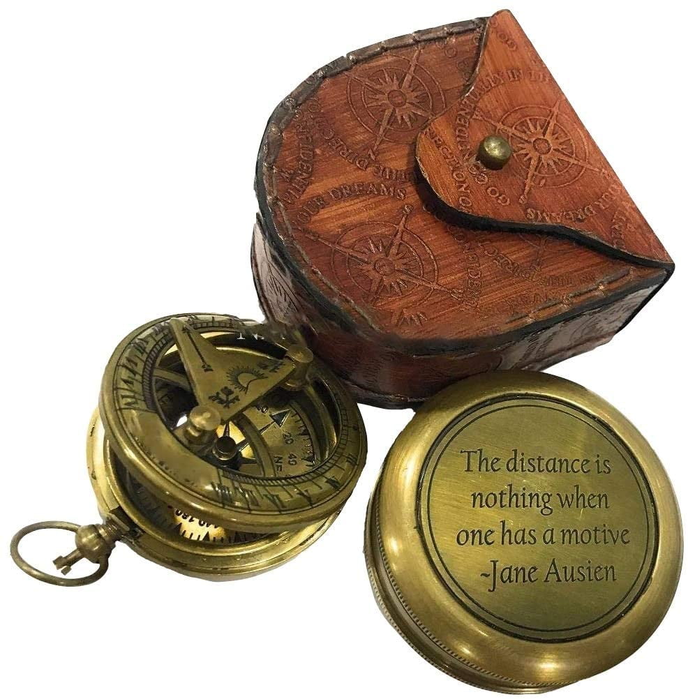 Solid Brass Small Folding Compass Sundial With Leather Case 
