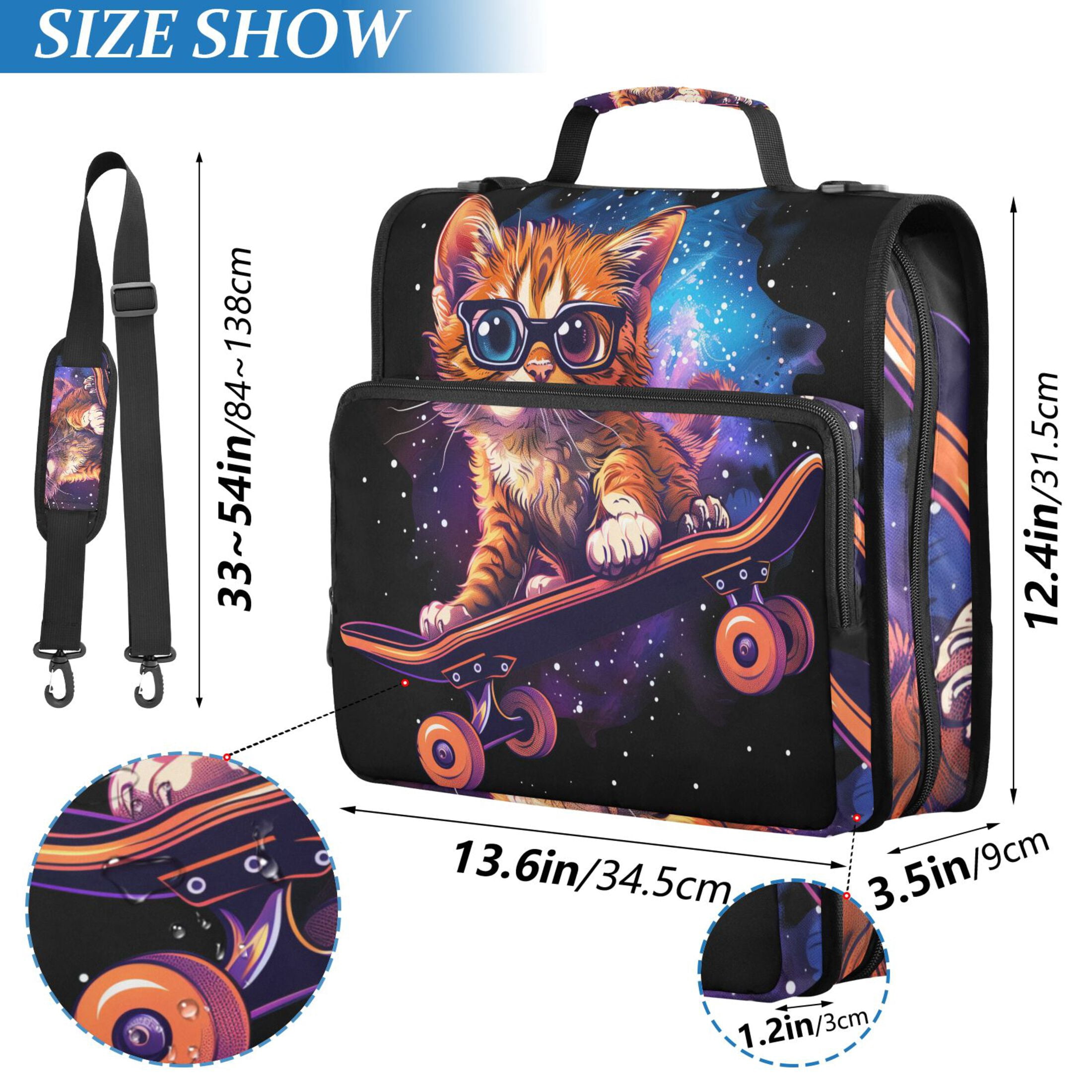 3 Ring Zipper Binder with Shoulder Strap Waterproof Trapper Keeper 1.5 Inch D-Ring 500 Sheets Capacity Cat with Glasses Skateboard