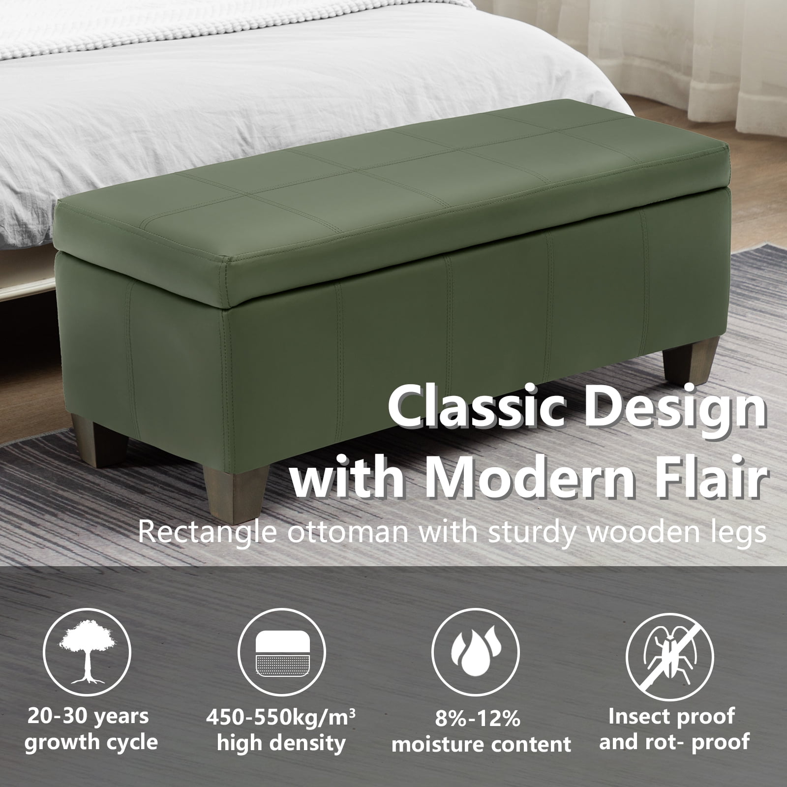 Foredo Rectangle Ottoman with Storage, Modern Faux Leather Bench with Solid Wood Legs, Ottoman for Living Room, Bedroom and Entryway, Green
