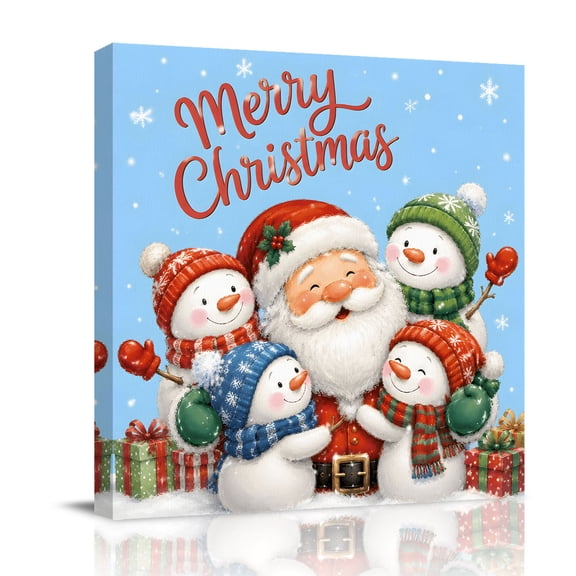 Canvas Wall Art, Blue Christmas Framed Canvas Prints for Bathroom Desk, Santa Snowman Xmas Snowflake Gifts Small Gallery Wrapped Wall Decor for Home Office, Gifts, 8"x8" Ship Next Day