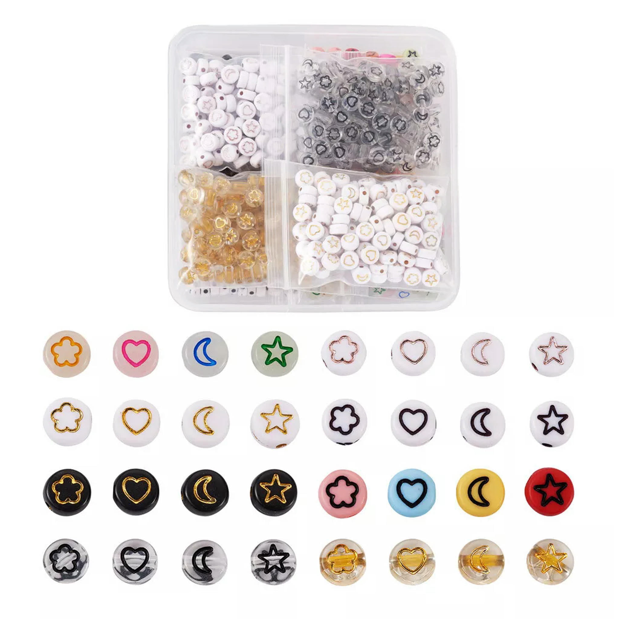 U8MO 940pc 7mm Flat Round with Moon Heart Flower Star Acrylic Pony Disc Spacer Beads