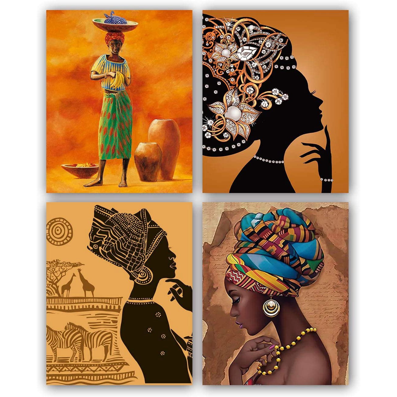 African American Ethnic Ancient Black Woman Wall Art Paintings Set of 4 (8X10Inch Canvas Picture) for Office Room Poster