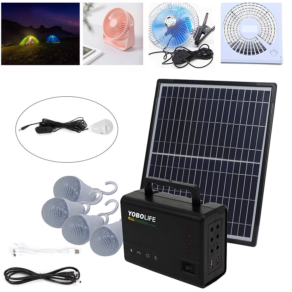 150W Solar Power Inverter with 4 * 12V LED Bulbs & Panel, Portable Solar Generator for Home Emergency Power Outage, 12V DC to 110V AC Outlet with USB Ports, for Camping, RV, Black