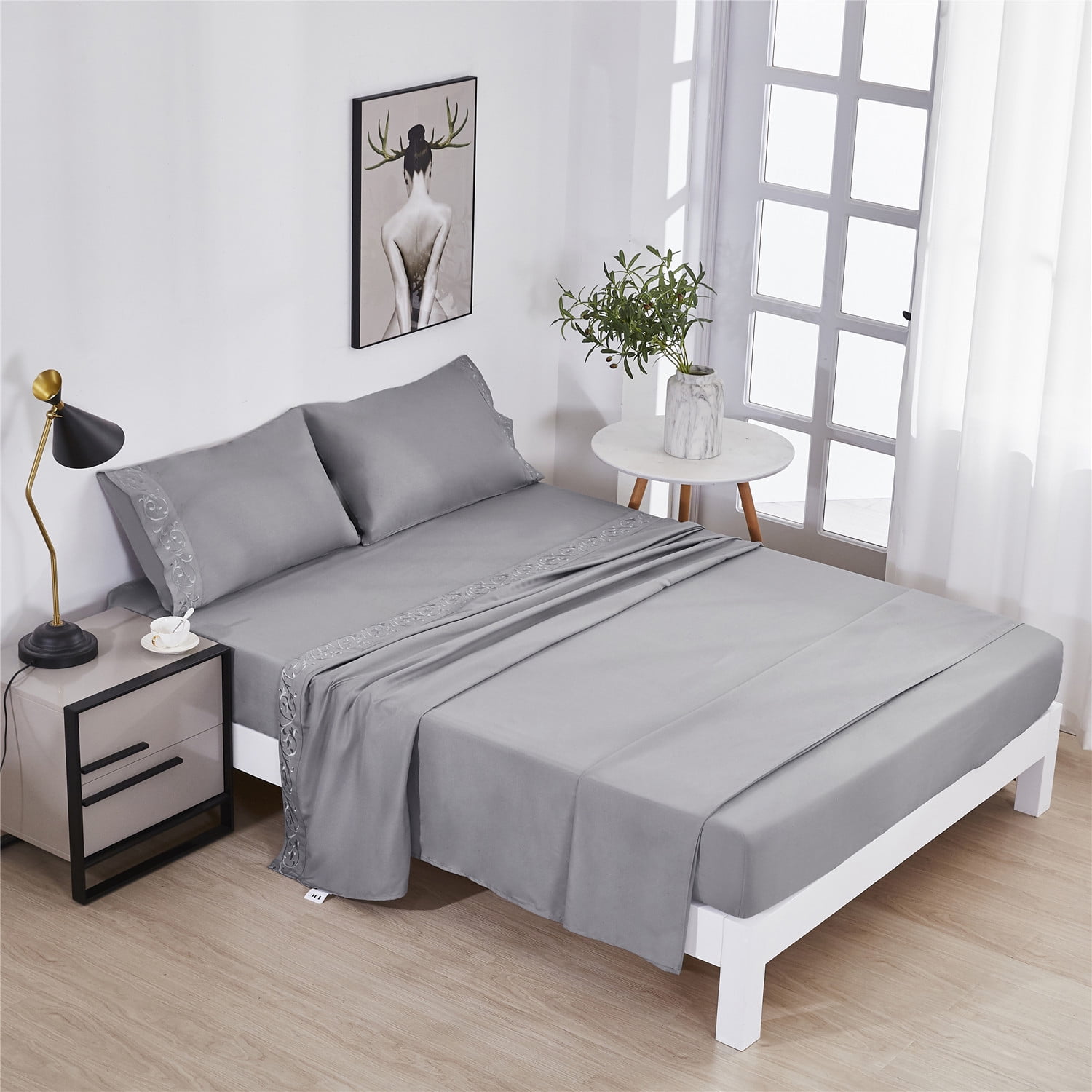 HIG Hotel Luxury Embroidered Bed Sheets Set Light Gray Twin XL - 1800