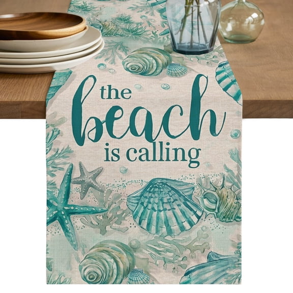 Table Runners 90 Inches Long Dress Scarves, Green Beach Coastal Farmhouse Coffee/Dining/Kitchen Table Decor Table Runner for Living Room, Summer Starfish Shell Coral 13x90 Inch