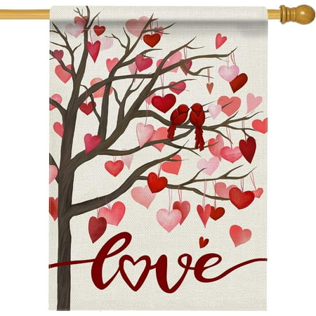 Valentine s Day Love Cardinal House Flag Double Sided Red Pink Heart Tree Birds Decorative Garden Yard Outdoor Large Decor Anniversary Wedding Burlap Home Outside Decoration 28 x 40