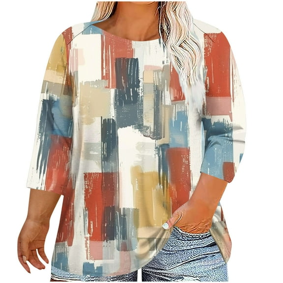 CYMMPU Blouses for Women Dressy Casual Round Neck Tunic Tops Floral Printed 3/4 Sleeve Loose Fit Spring Tops Summer Trendy Shirts Plus Size T-Shirt L