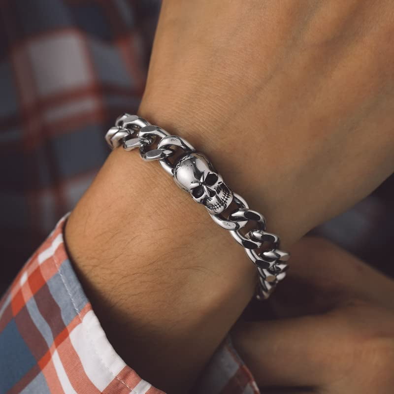 Bandmax Skull Bracelets for Men Women 316L Stainless Steel Cuban Link Chain Bracelet with Skull Charm Gothic Punk Biker Bracelet Jewelry for Halloween Gift