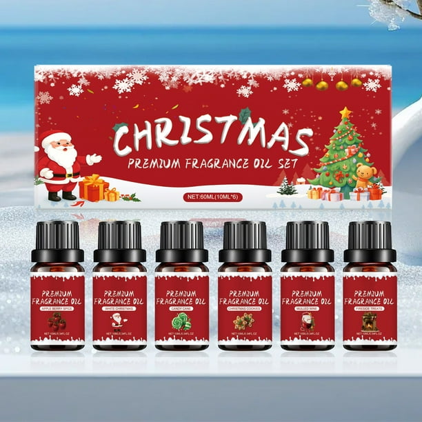 Set de aceites esenciales navideños para difusores. Aceites naturales para aromaterapia. Candidiasis mixta, Freshia, menta, eucalipto, vainilla, canela, manzana y caramelo. 60 ml de agua aromática.
