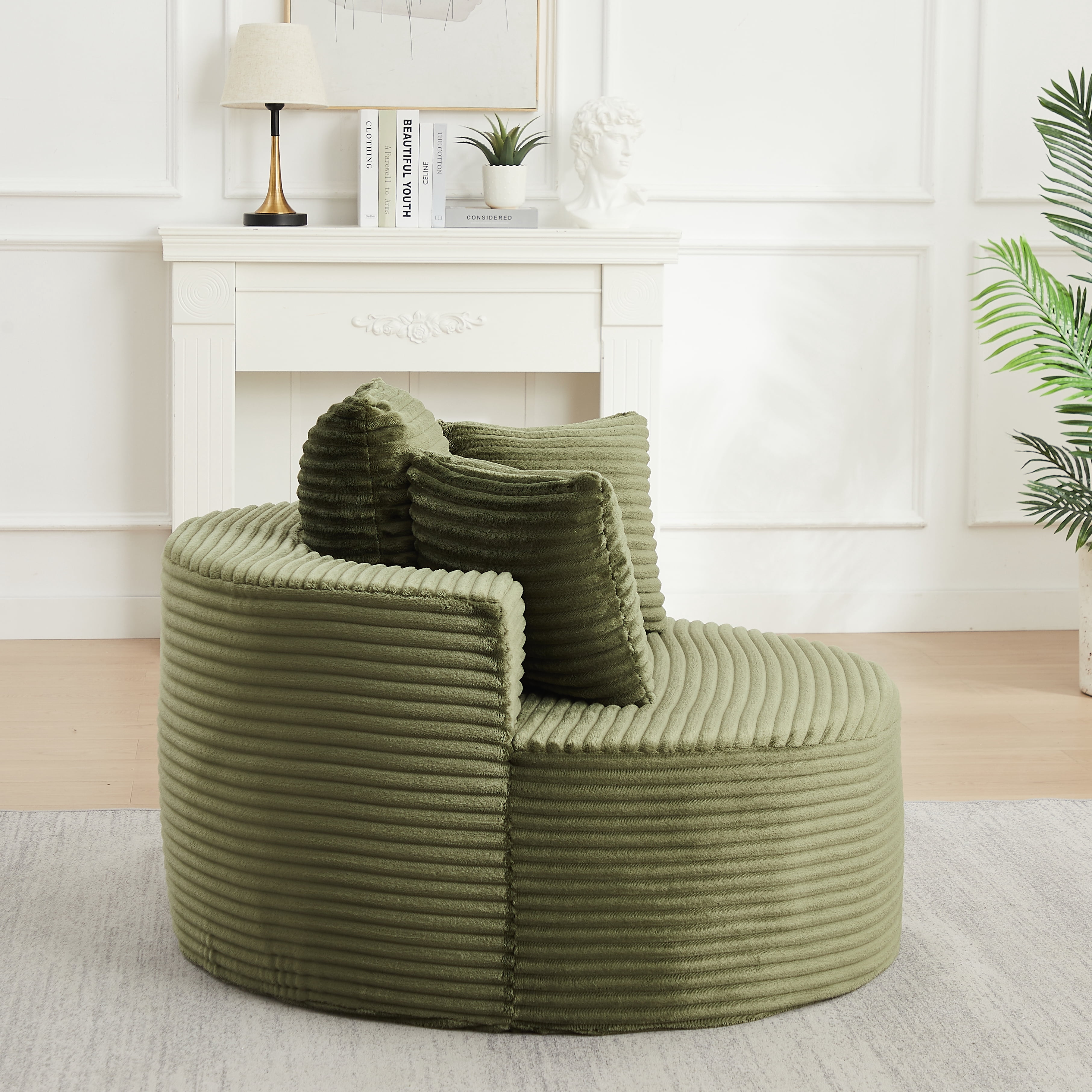 43 Inch Round Corduroy Single Sofa Lounge Chair with 3 Pillows, Spring Coil Filled Compressed Shipment Minimalist Accent Chair for Bedroom Living Room Game Room Lounge