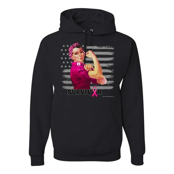 Wild Bobby, Breast Cancer Survivor Distressed American Flag, Breast Cancer Awareness, Unisex Graphic Hoodie Sweatshirt, Black, Small