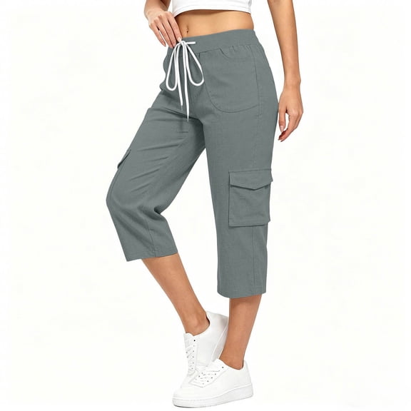 TEAJOPSUU Women's Cargo Capris Cotton Blend Loose Fit Drawstring Lightweight Cropped Pants with Pockets Casual Solid Color Trousers Gray
