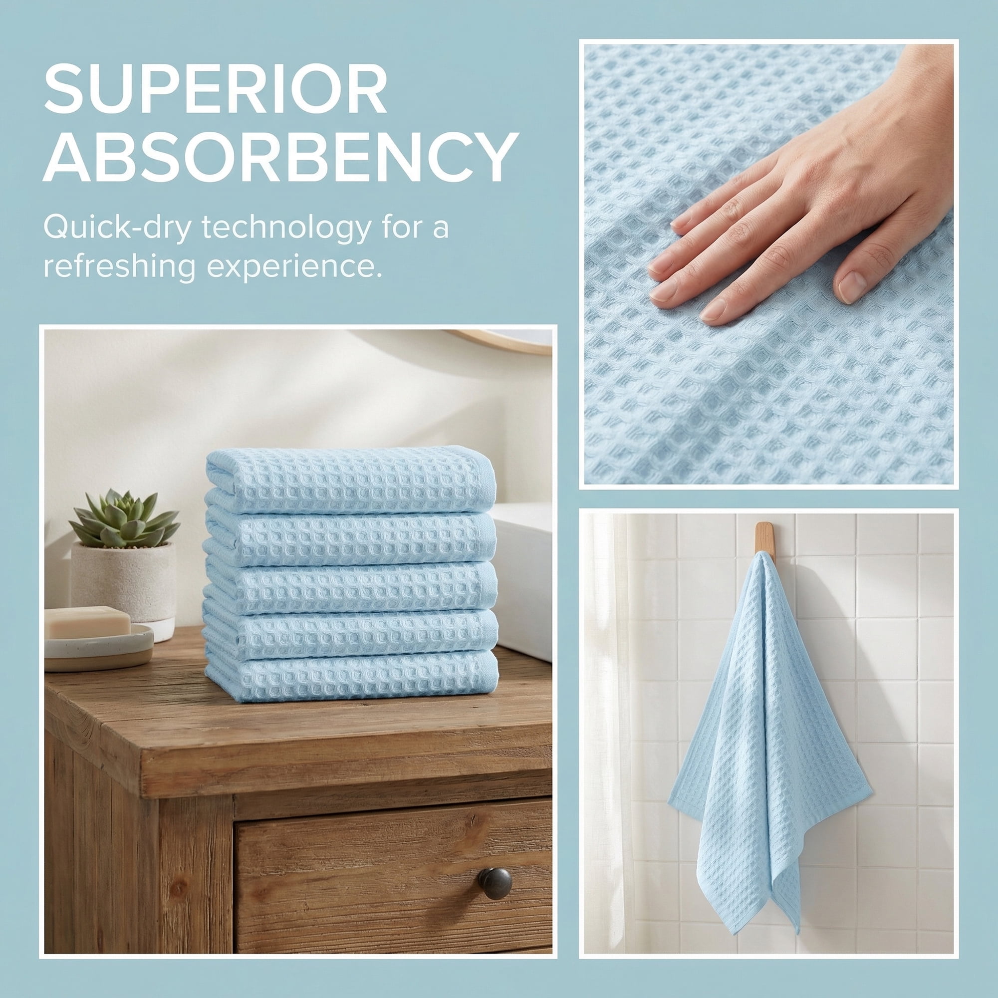 Unique Bargains Cotton Waffle Soft Quick Dry Lint Free Face Cloths 13x13in Light Blue 4pk