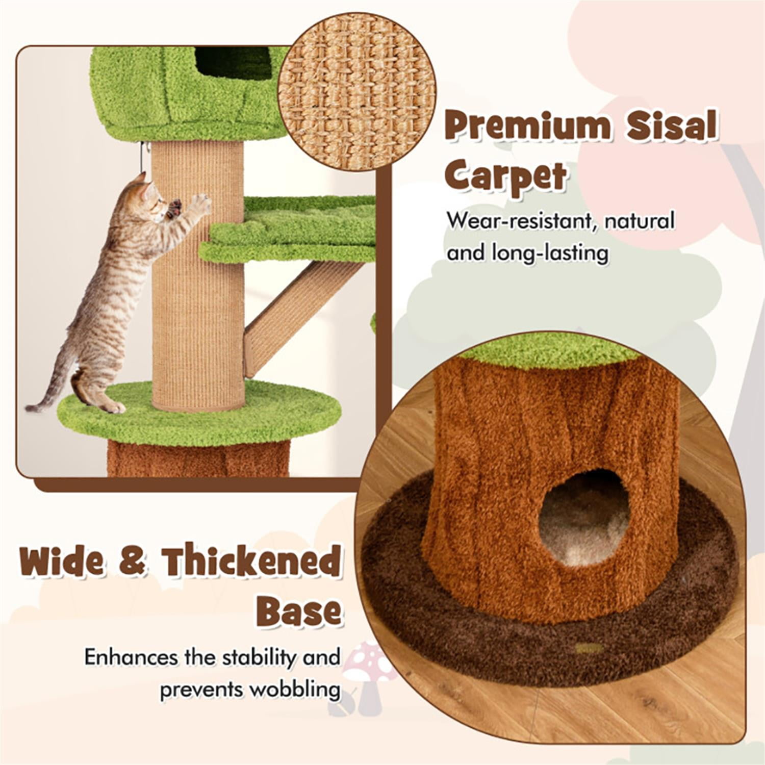resenkos 58" Cat Tree Tower with 2 Cute Condos for Indoor Cats, Plush Cat House with Plush Perch and Teasing Balls, Brown
