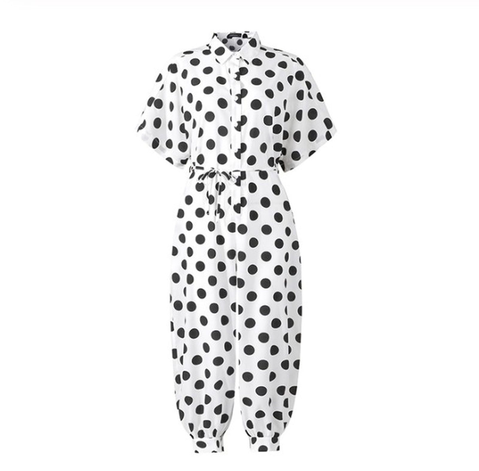 AGWOLF Womens Dot Print Jumpsuits Business Casual Short Sleeve Button Down Rompers One Piece with Belt Wide Leg Ankle Length Summer Overalls with Pockets White XL