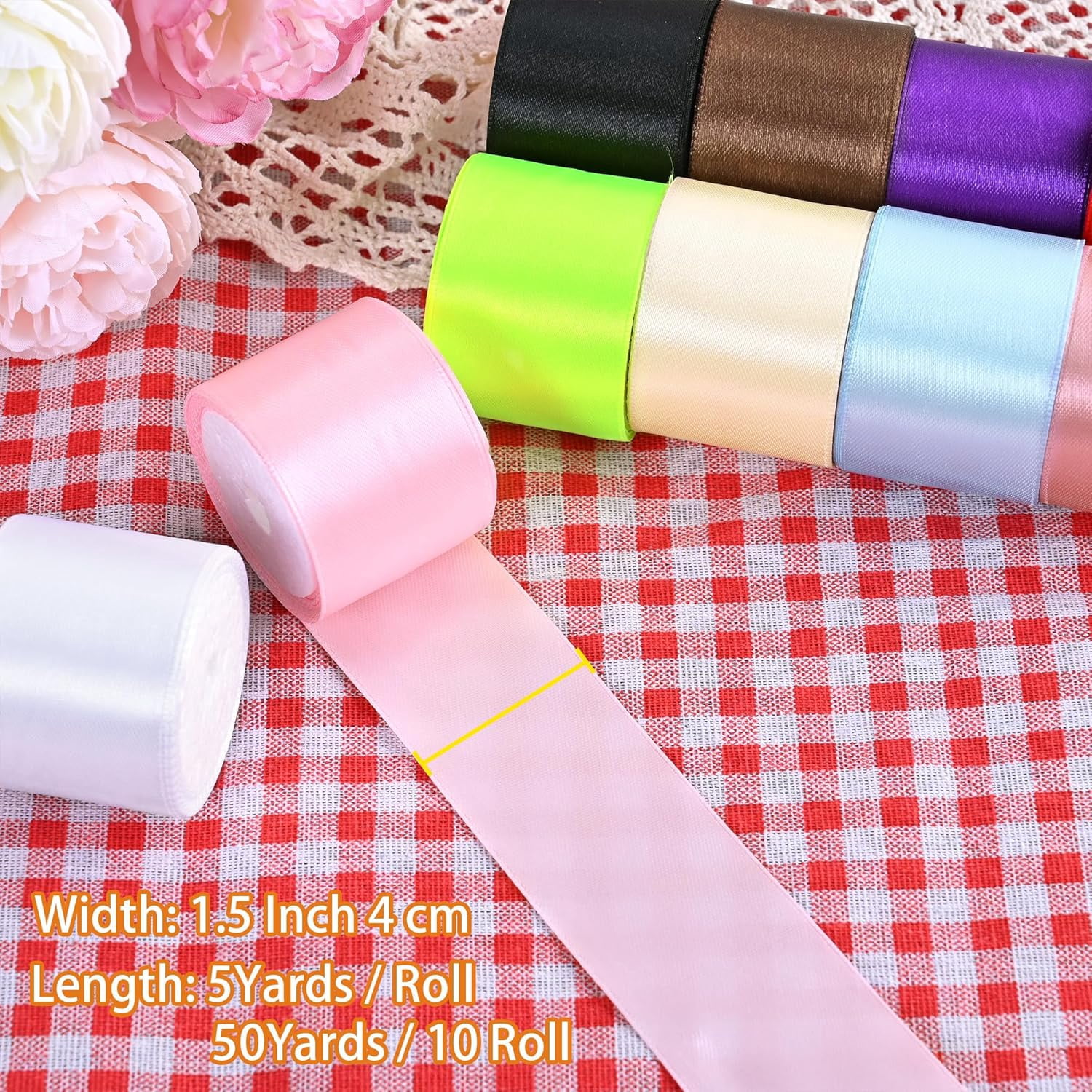 10 Colors Double Face Satin Ribbon 1-1/2 Inch X 5 Yards for Wrapping Gift Package Christmas Decoration Hair Bows Floral Bouquetsa and Wedding Party