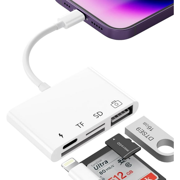 SD TF Card Reader for iPhone/iPad, 4 in 1 Micro SD/SD Card Reader to iPhone Adapter, SD Card Viewer USB OTG Adapter, Portable Camera Memory Card Reader for iPhone with PD 60W Fast Charging Port