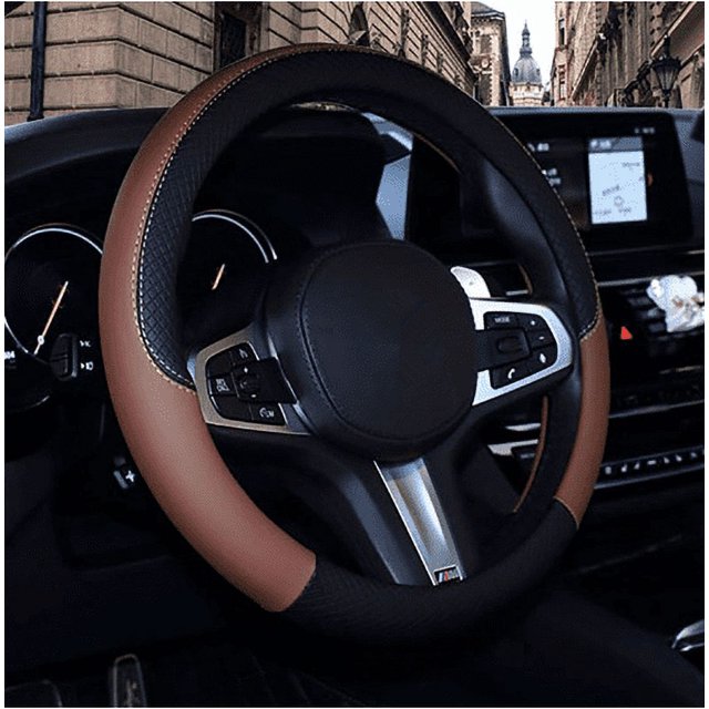 MYG Black Beige PU Leather Car Steering Wheel Cover Enhanced Driving Pleasure