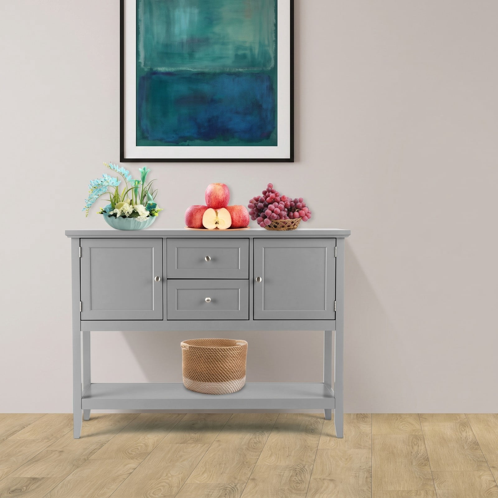 Furnibear Wooden Sideboard Buffet Console Table with 2 Cabinets and 2 Drawers and Open Shelf for Living Room and Kitchen, Gray