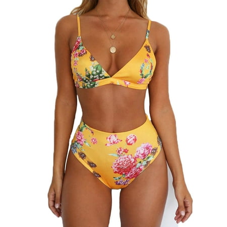 Women Sexy High Waist Floral Bandage Bikini Set Push-up Padded Swimwear Swimsuit Beachwear Bathing Suit Yellow