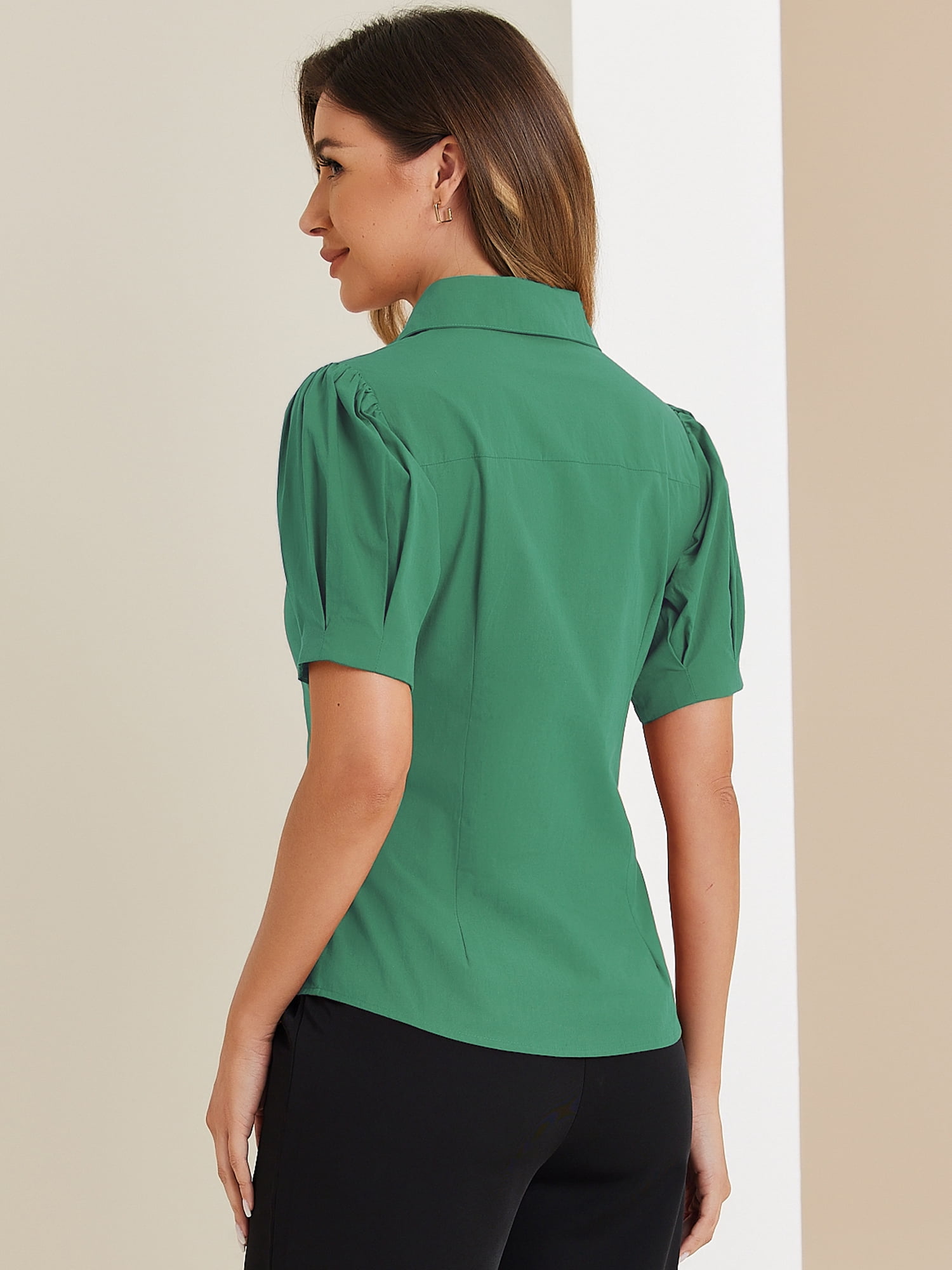 DARING DIVA Women's Puff Sleeve Point Collar Essential Office Shirt M Green