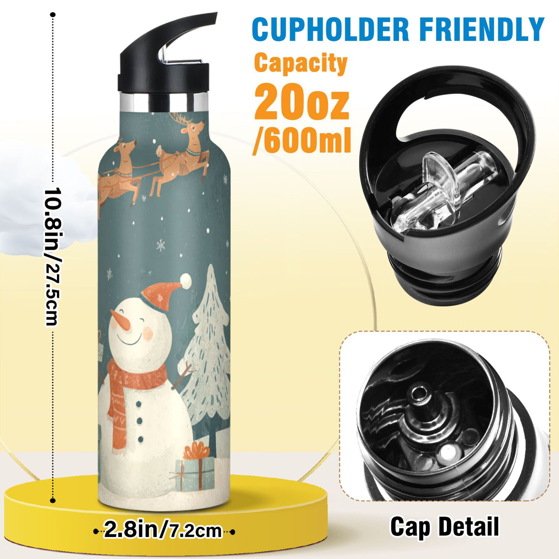 600ML Stainless Steel Insulated Cup Sports Water Bottle Portable Thermos Cup Water Glasses Insulated Tumblers Convenient and Durable A Snowman