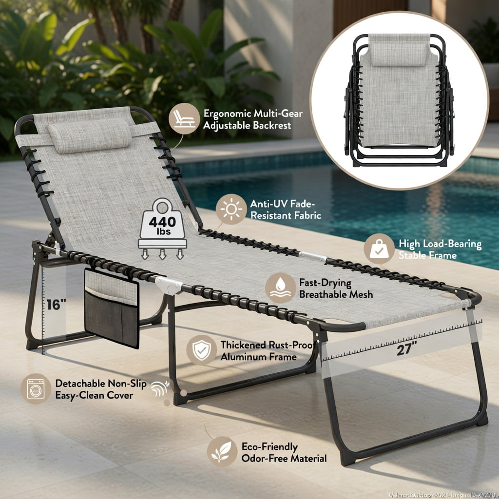 Hommoo 4-Position Adjustable Folding Lounge Chair with Detachable Headrest & Side Pocket, Heavy-Duty Steel Frame, Portable Sun Lounger for Poolside, Backyard & Camping, Gray