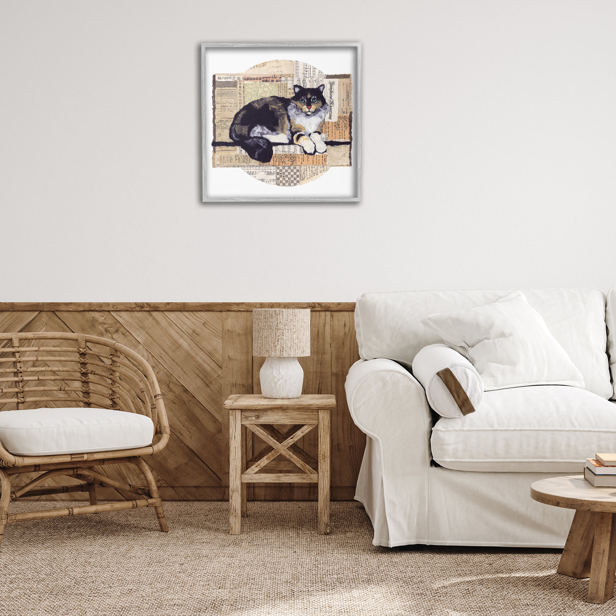 Stupell Industries Cat with Vintage Collage Animals & Insects Painting Gray Framed Art Print Wall Art, 24 x 24
