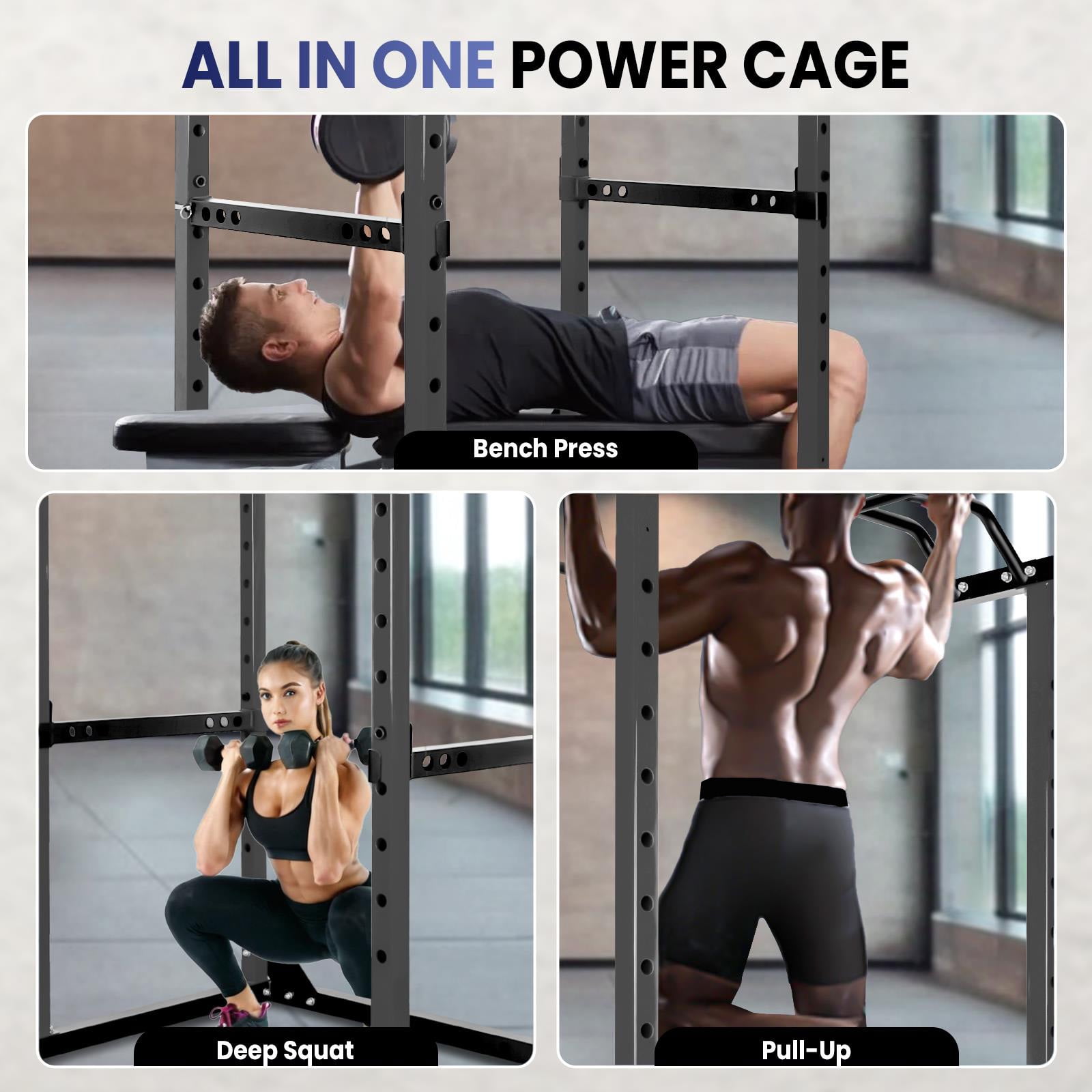 All in One Power Cage, 1200 LBS Heavy Duty Squat Rack System, 14 Hole Adjustable Height, Anti-slip Base, Power Rack, Fitness Training, Home Gym, Garage