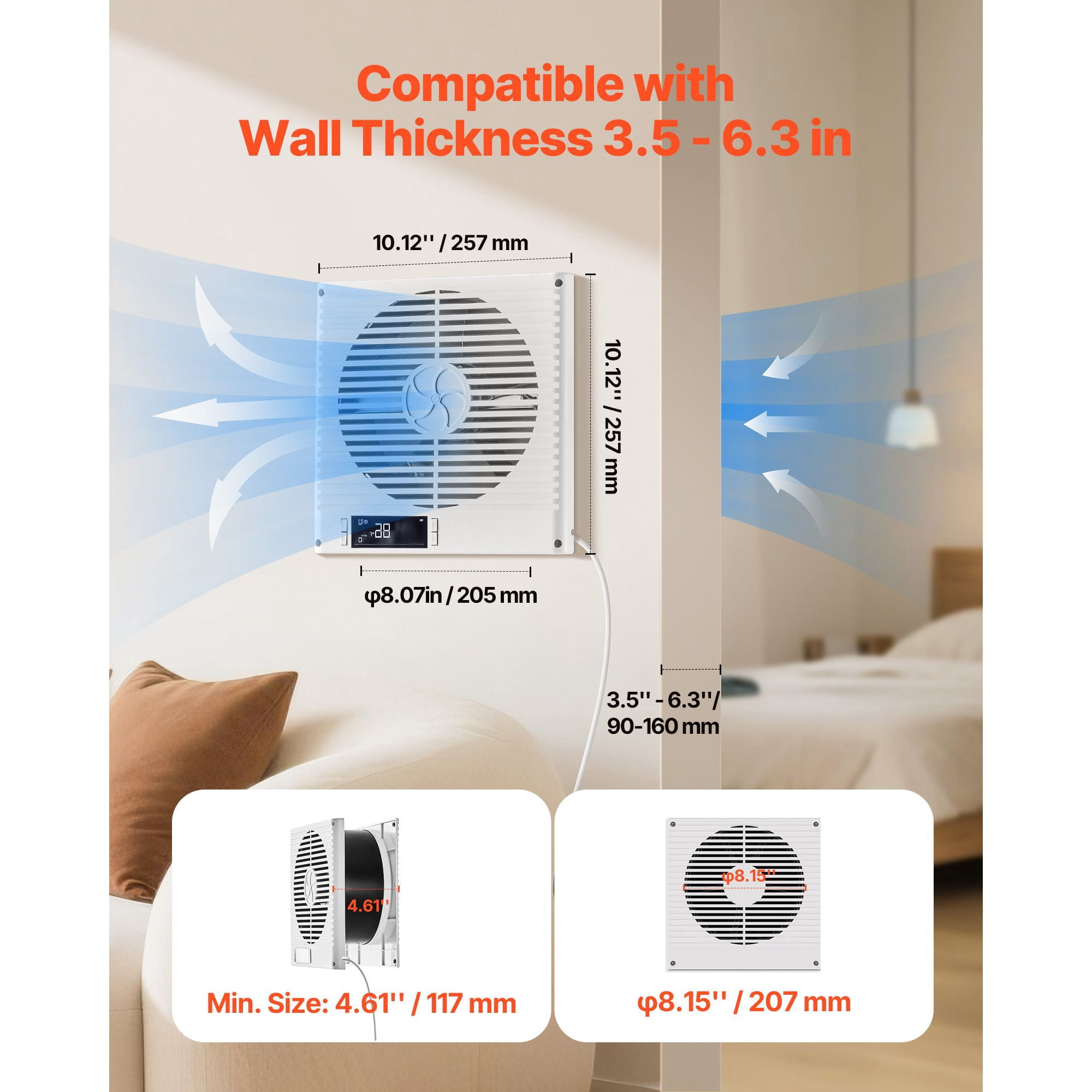 7.5-Inch Through Wall Fan with Remote Control,10-Speed Quiet Ventilation for Kitchen,Living Room,and Workshop,305 CFM Airflow
