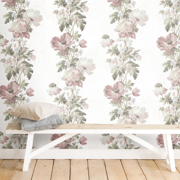 RoomMates Vintage Floral Stripe Pink Peel & Stick Wallpaper