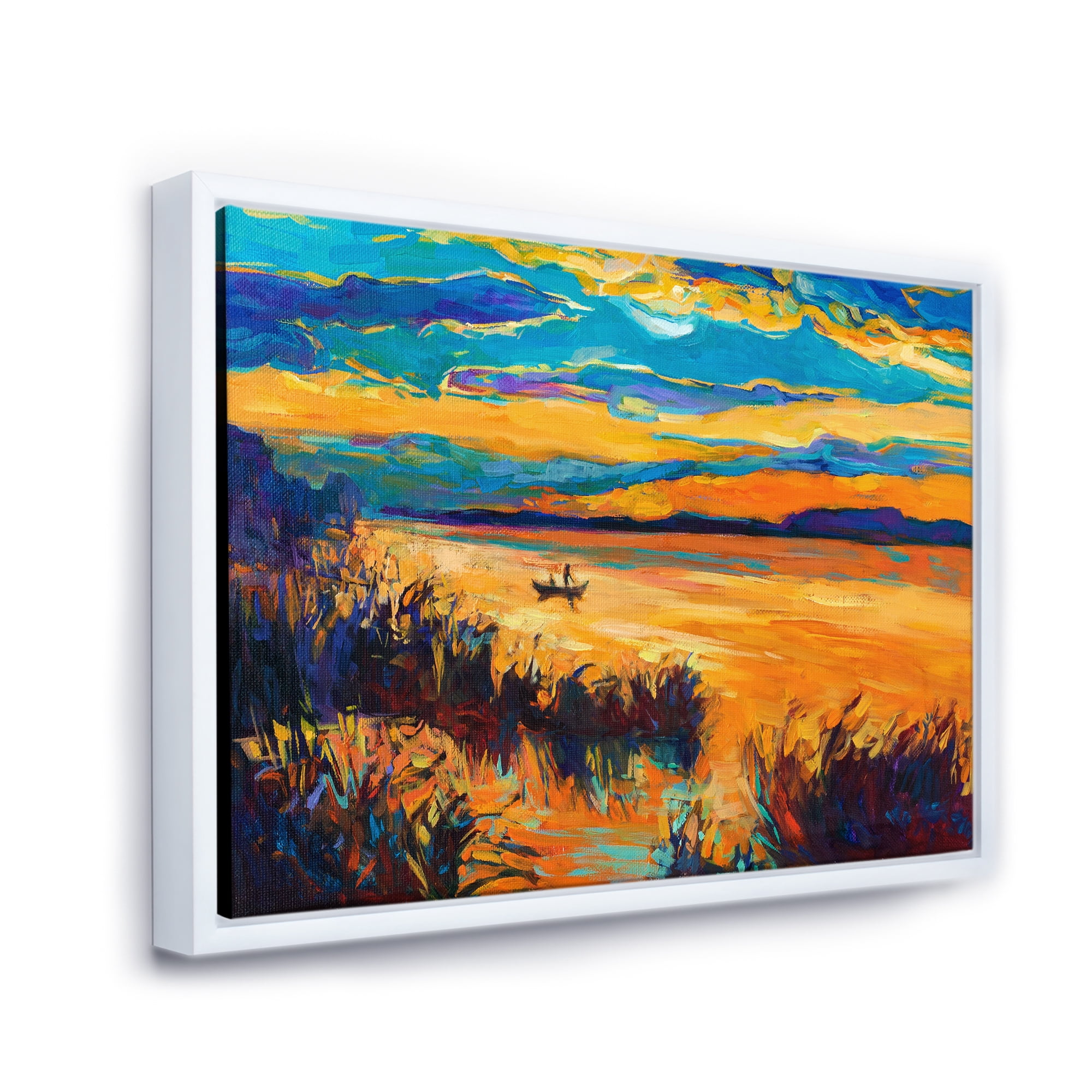 Designart 'Little Boat At The Horizon Of A Lake During Evening Glow' Nautical & Coastal Framed Canvas Wall Art Print